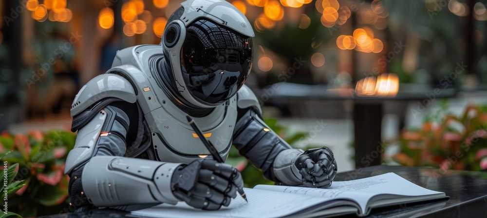 Futuristic Humanoid Robot Writing in a Notebook, Artificial Intelligence and Robotics Futuristic Humanoid Robot Writing in a Notebook, Artificial Intelligence and Robotics