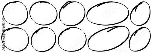 Hand drawn circle highlighter set. Marker scratch scribble in rounder. Handwritten red circle For marking text, numbers, marker pen, pencil, logo, hand-drawn doodle grunge circle highlights.