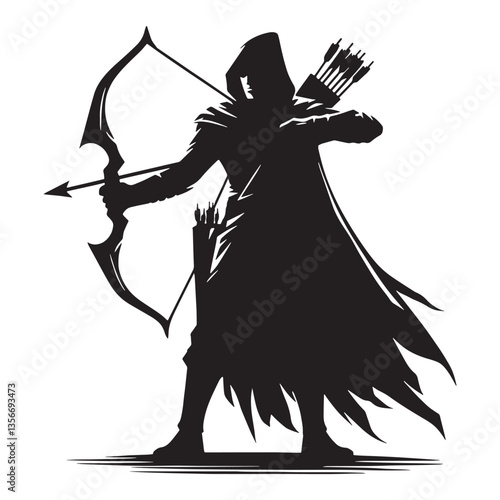 Shadowy Archer silhouette, a master of darkness and precision - Archer illustration - Minimalist Archer vector - The unseen hunter

