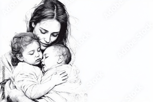 Loving mother embracing her two sleeping children in black and white line art drawing