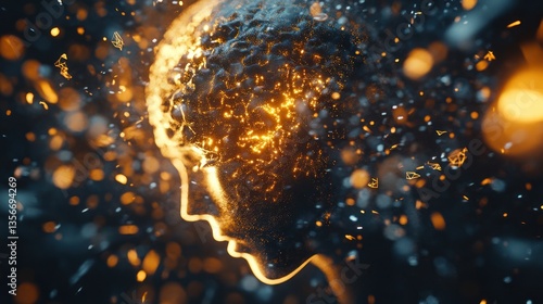 Glowing human head profile formed by particles, abstract digital art.