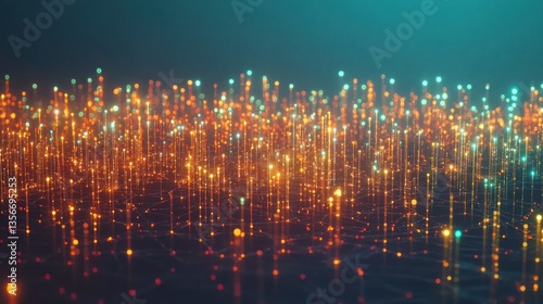 Abstract glowing particles, vibrant orange and teal digital field, technology background.