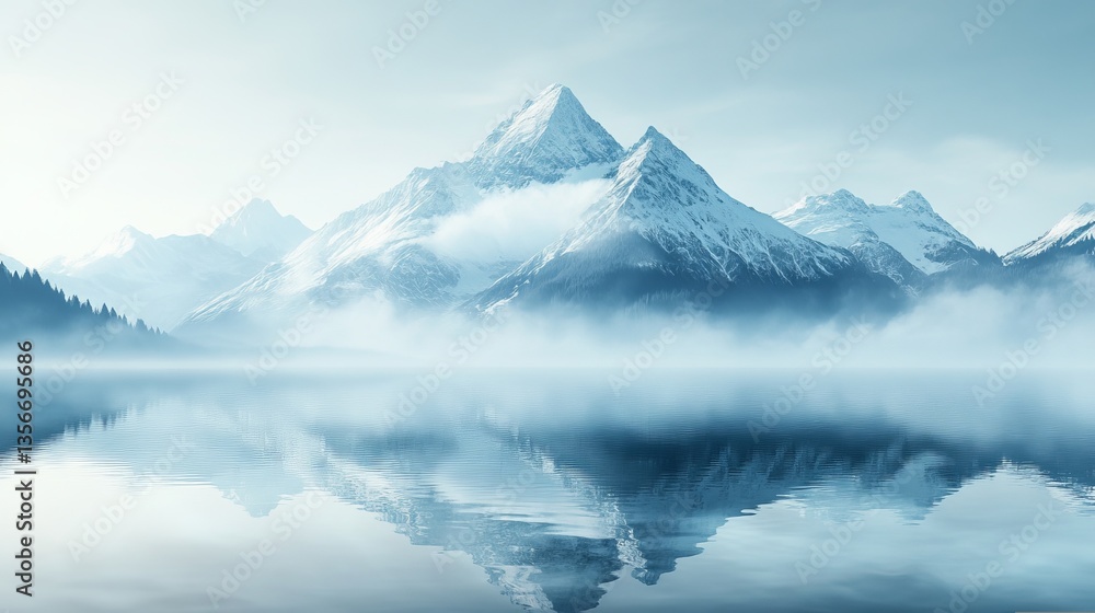 Fototapeta premium Majestic Mountain Range Surrounded by Tranquil Lake and Enveloping Fog Creating a Serene Atmosphere