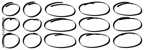 Hand drawn circle highlighter set. Marker scratch scribble in rounder. Handwritten red circle For marking text, numbers, marker pen, pencil, logo, hand-drawn doodle grunge circle highlights.