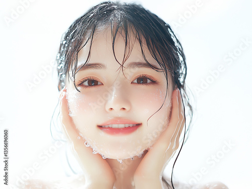 美しい若い女性　美容、健康の広告デザインに最適な人物素材　コピースペース