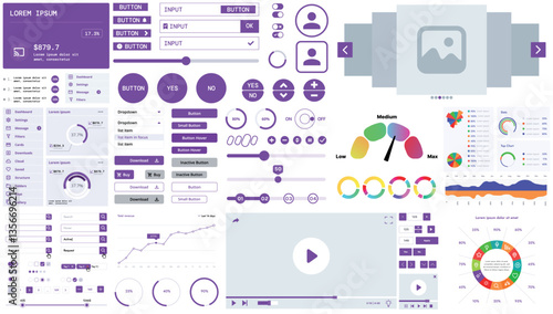 A modern interface kit with buttons, graphs, and elements for creating web applications and dashboards, ideal for business, statistics, and finance.