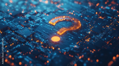 Glowing question mark on a circuit board, representing technological uncertainty or questions about AI.