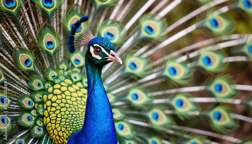 Obraz premium Peacock displaying its vibrant feathers in a lush environment