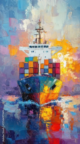 Vivid oil painting of a cargo ship sailing on the sea with colorful containers and a bright sky artistic style