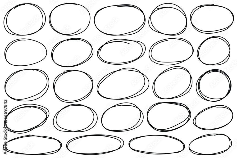 Scribble ovals, bubbles to circle and highlight text. Circle, pen draw. Vector marker circular line, doodle round circles for message note. Handwriting horizontal ellipses isolated on white background Scribble ovals, bubbles to circle and highlight text. Circle, pen draw. Vector marker circular line, doodle round circles for message note. Handwriting horizontal ellipses isolated on white background