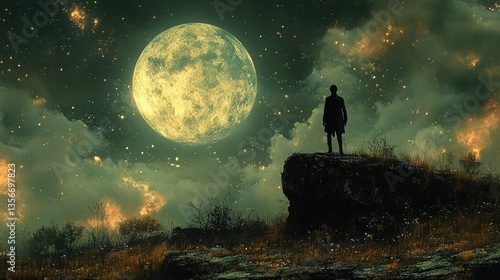Man Contemplating Moonlit Sky: A lone figure stands silhouetted atop a rugged precipice, gazing in awe at a giant full moon set amidst a canvas of stars and ethereal clouds.