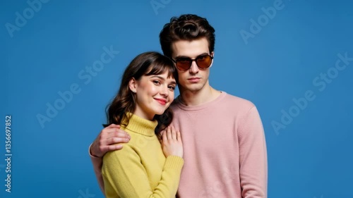 Stylish Couple Embracing Against Blue Background, Showcasing Fashion and Modern Couples Romance