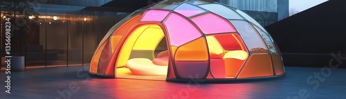 Colorful illuminated dome structure in modern urban setting at twilight.