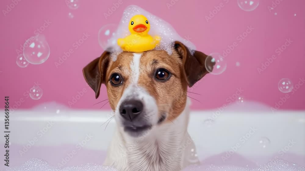 Ein Hund sitzt in der Badewanne mit Schaum auf dem Kopf und einer Quietscheente