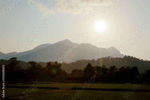 Beautiful sunset over the mountains in Luang Prabang, Laos during the late afternoon
