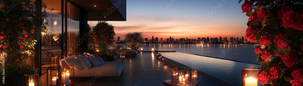 Fototapeta premium Luxury outdoor living space with sunset, flowers, and ambient lighting.