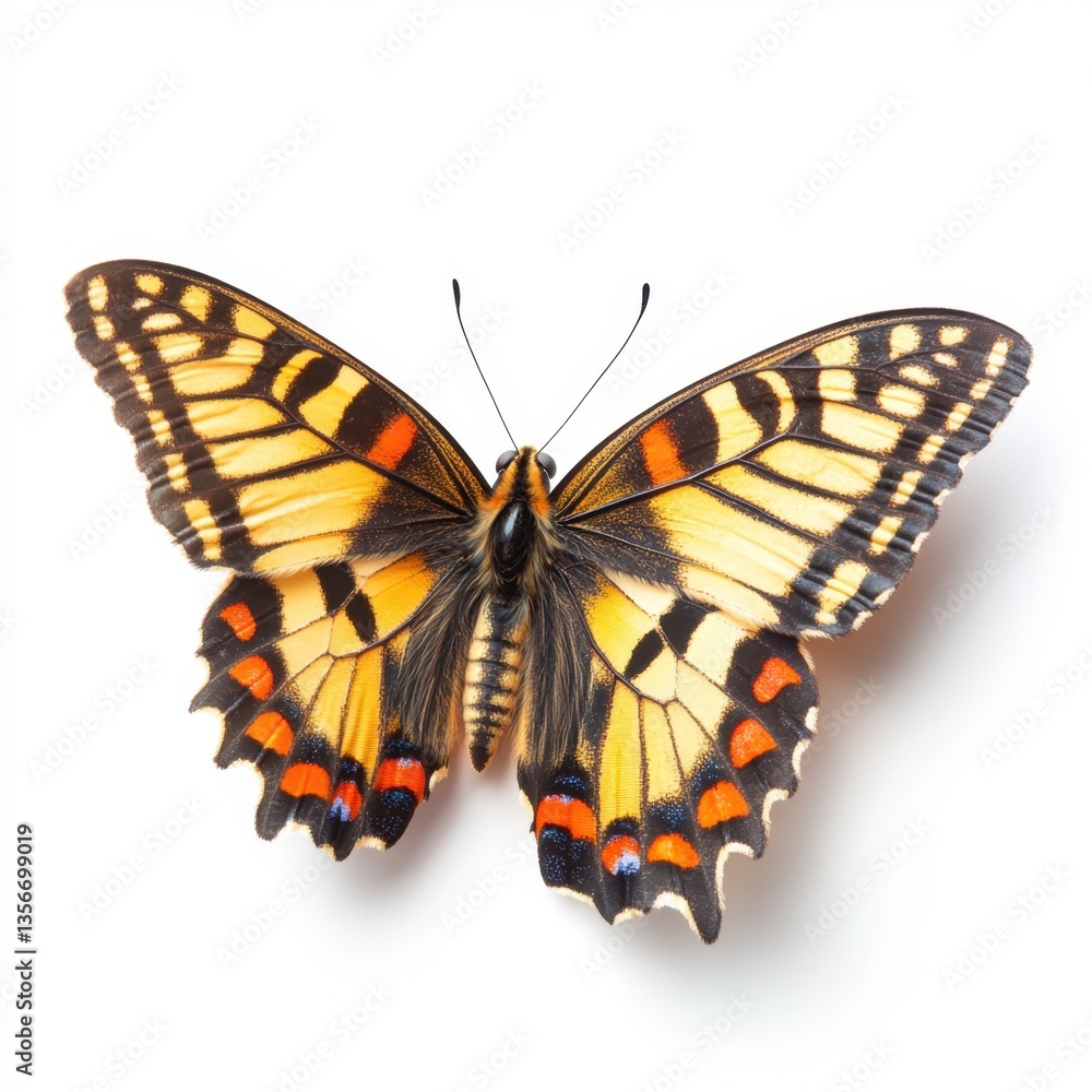 Fototapeta premium Vibrant swallowtail butterfly with intricate wing patterns against a clean white background showcasing natural beauty and delicate details