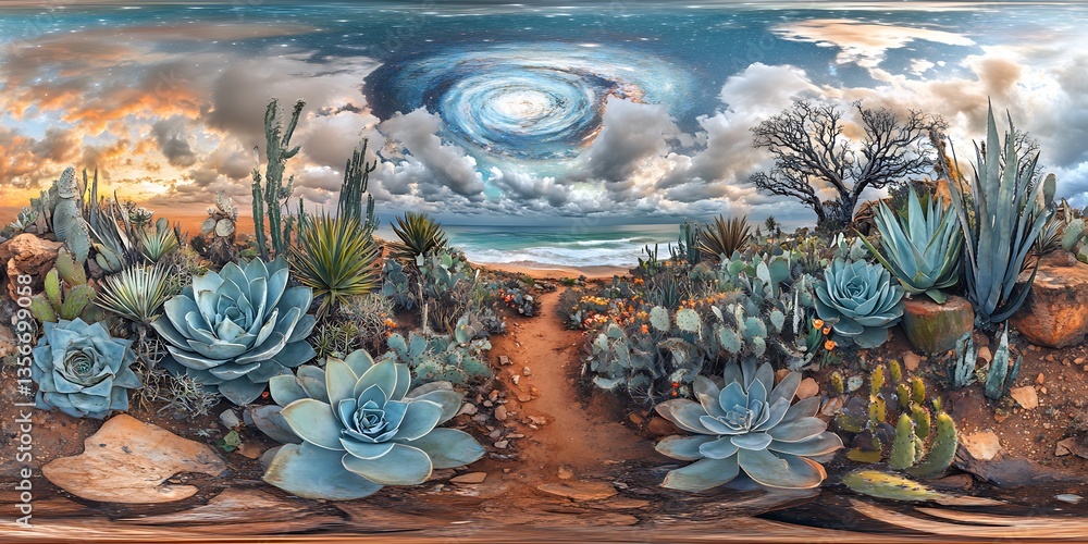 An imaginative landscape featuring succulent plants and celestial formations An imaginative landscape featuring succulent plants and celestial formations