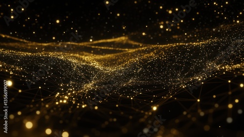 Abstract gold particles wave, glowing network, dark background.