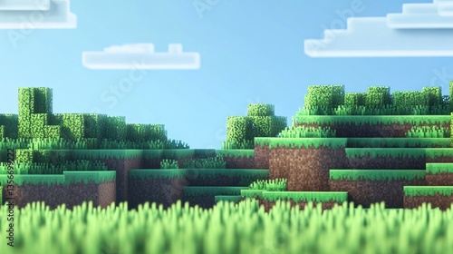 Idyllic voxel landscape with grassy hills, brown dirt, and a bright blue sky.