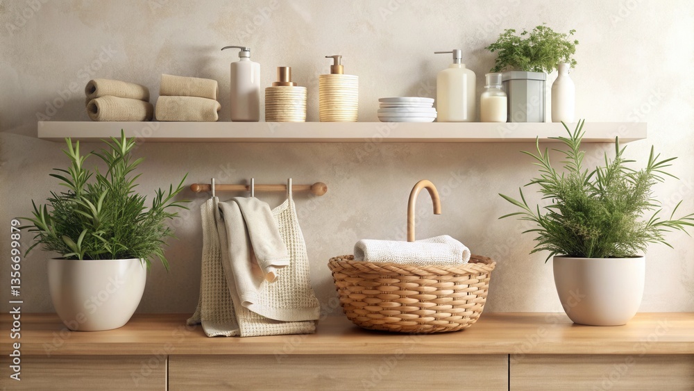 Serene Bathroom Shelf Styling with Woven Basket and Lush Greenery Serene Bathroom Shelf Styling with Woven Basket and Lush Greenery
