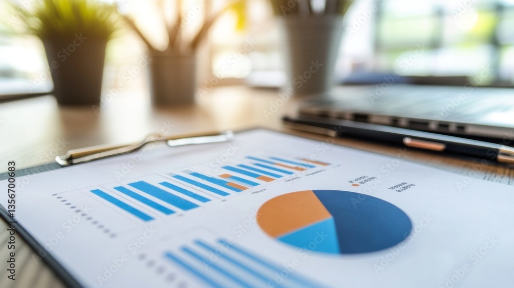 A detailed close-up of a pie chart and line graph combination on a printed report, emphasizing business statistics and analysis in a tidy office setting. A detailed close-up of a pie chart and line graph combination on a printed report, emphasizing business statistics and analysis in a tidy office setting.