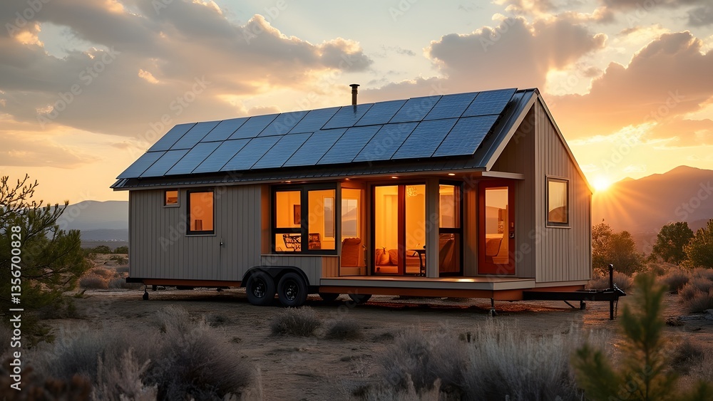 Obraz premium A modern tiny house with solar panels at sunset in a serene desert landscape, showcasing sustainable living. 
