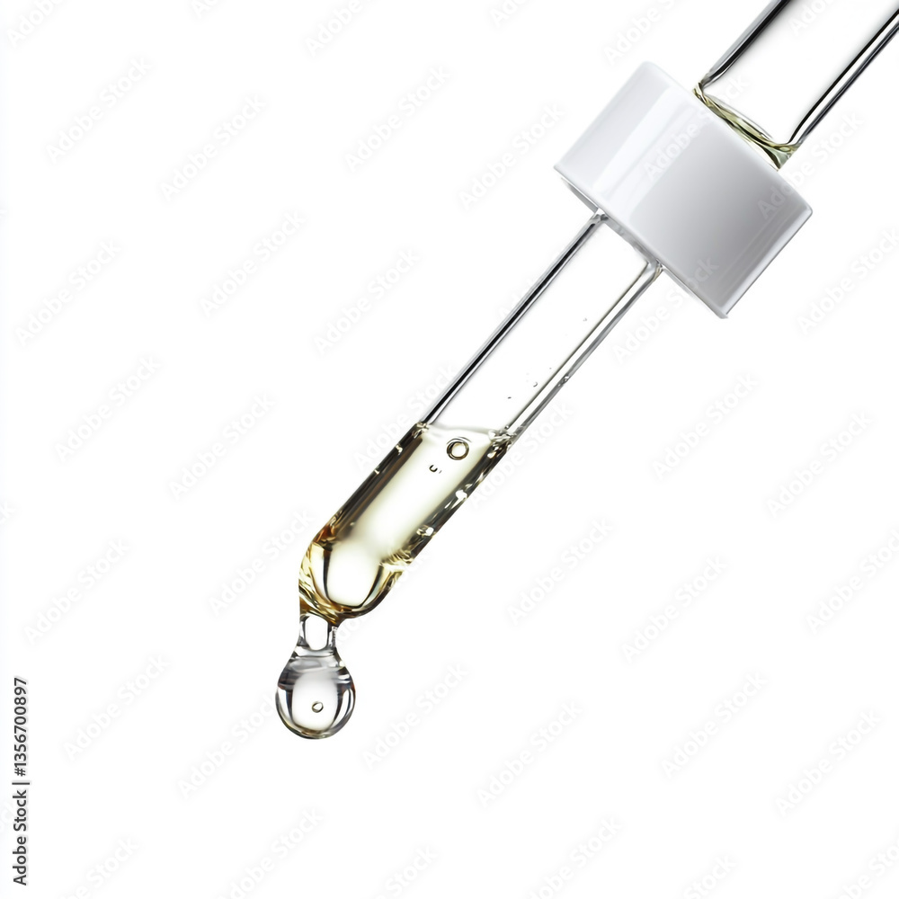 Clear essential oil dripping from dropper isolated on white background Clear essential oil dripping from dropper isolated on white background