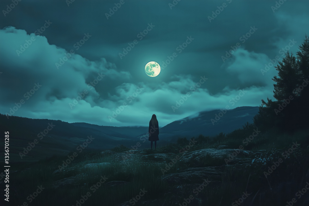 Fototapeta premium Night landscape with a girl looking at the full moon