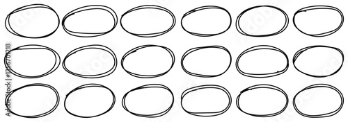 Set of doodle ellipses. Scribble ovals, bubbles to circle and highlight text. Pencil or pen graffiti bubble or ball draft illustration. Black paint marker circles. Vector illustrator