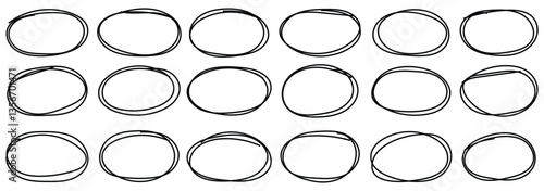 Set of doodle ellipses. Scribble ovals, bubbles to circle and highlight text. Pencil or pen graffiti bubble or ball draft illustration. Black paint marker circles. Vector illustrator