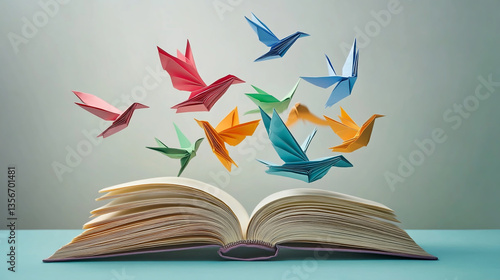 Colorful Paper Birds Soaring from an Open Book- A Beautiful Symbol of Imagination, Creativity, and Freedom.