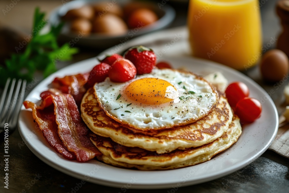 Delicious breakfast featuring pancakes with fried egg bacon and strawberries on plate morning meal close up Delicious breakfast featuring pancakes with fried egg bacon and strawberries on plate morning meal close up