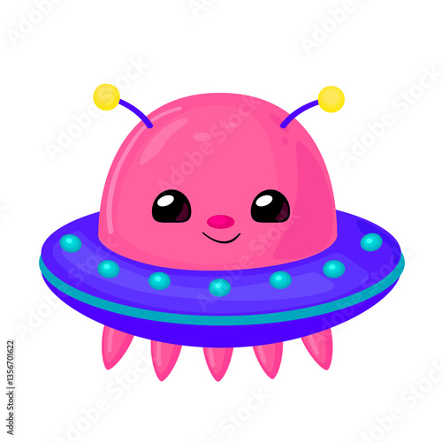 Pink Cartoon UFO – Cute Flying Saucer Space Illustration. This cute UFO is perfect for children’s projects, space-themed designs, posters, stickers, and more.