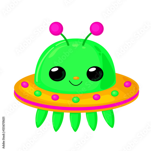 Green Cartoon UFO – Cute Flying Saucer Space Illustration. This cute UFO is perfect for children’s projects, space-themed designs, posters, stickers, and more.