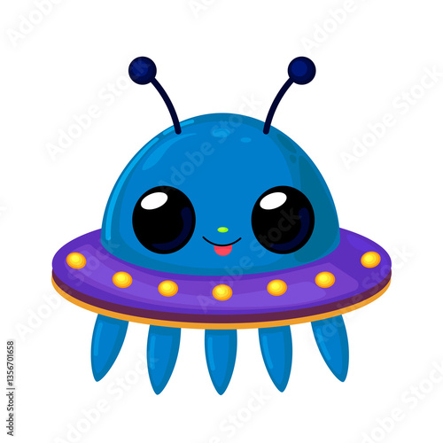 Blue Cartoon UFO – Cute Flying Saucer Space Illustration. This cute UFO is perfect for children’s projects, space-themed designs, posters, stickers, and more.
