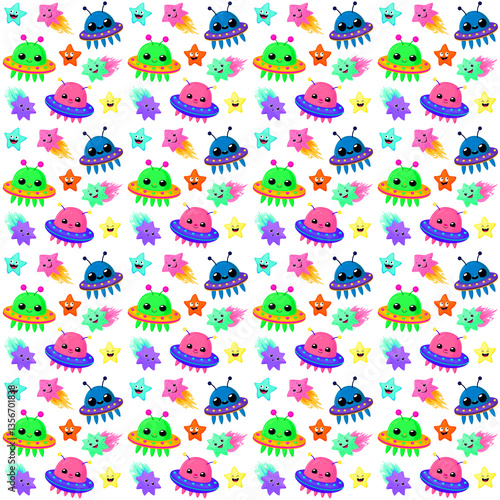 Seamless Pattern with UFOs, Comets, and Stars – Cute Space Illustration. A fun and playful seamless pattern featuring cartoon-style UFOs, glowing comets, and twinkling stars.
