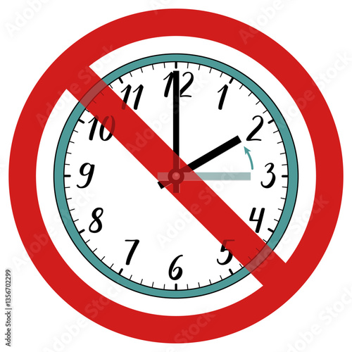 An illustration of a clock showing time adjustment, crossed out with a red circle, symbolizing the absence of the need to change clocks. Represents regions that do not observe daylight saving time.