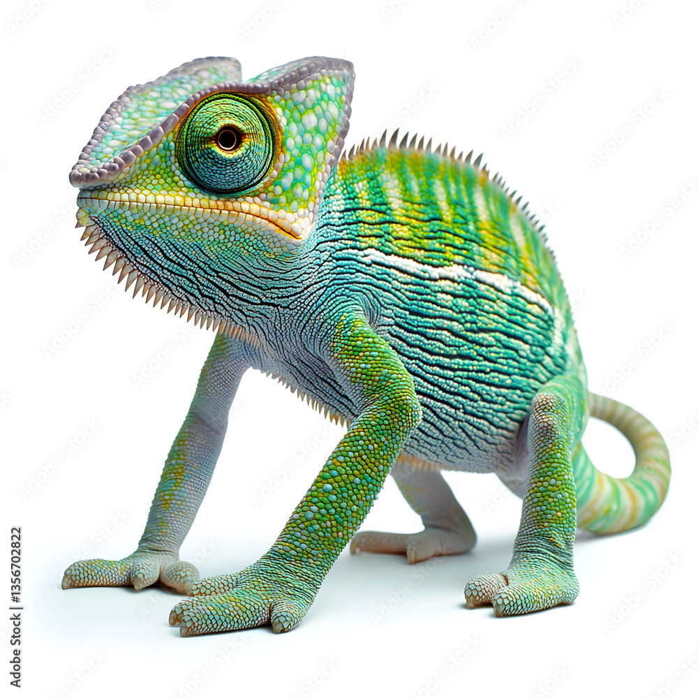 Obraz premium A realistic portrait of a chameleon standing in side view, isolated on a white background. A slender, well-built chameleon with textured, scaly skin displaying vibrant green and blue hues, a triangula