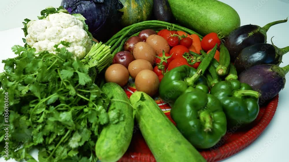 Fresh Vegetables and Eggs Assortment, Variety of fresh vegetables and eggs arranged on a white surface, including tomatoes Fresh Vegetables and Eggs Assortment, Variety of fresh vegetables and eggs arranged on a white surface, including tomatoes