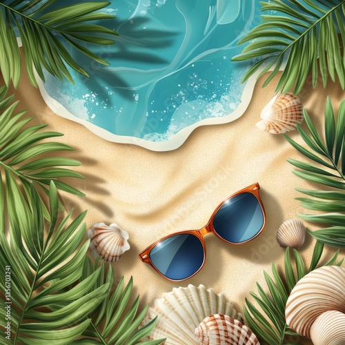 Vibrant tropical background with sunglasses resting on a sandy beach, surrounded by seashells and palm leaves, bright and colorful, photorealistic
