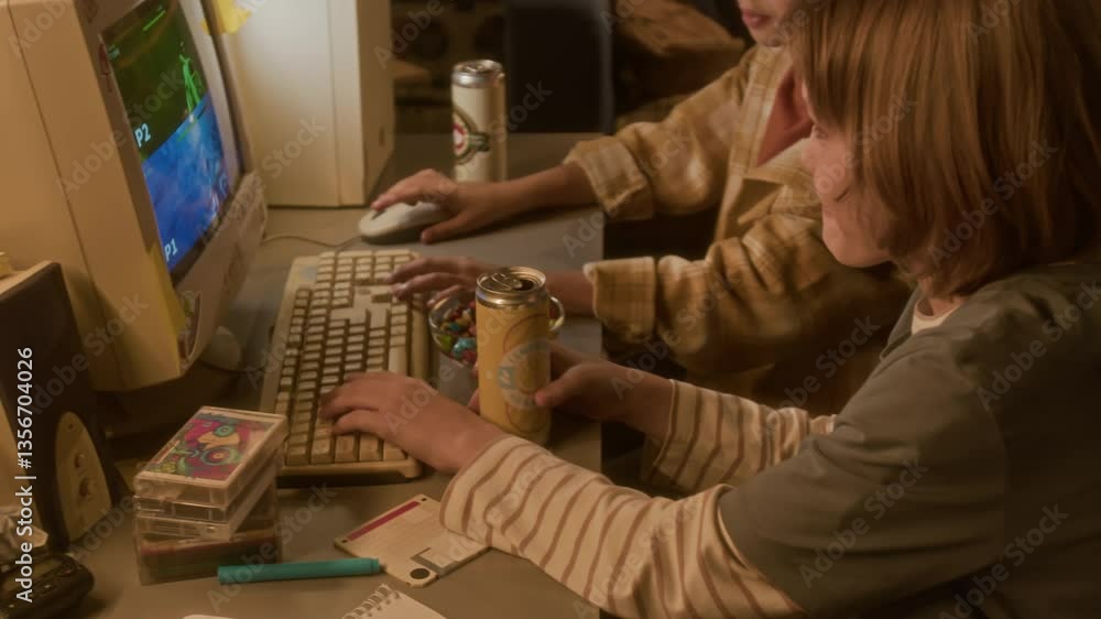 Tilt down shot of two 90s kids playing video games using old school ...