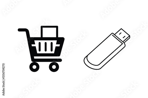 Online Shopping Cart and USB Drive Digital Commerce Icons