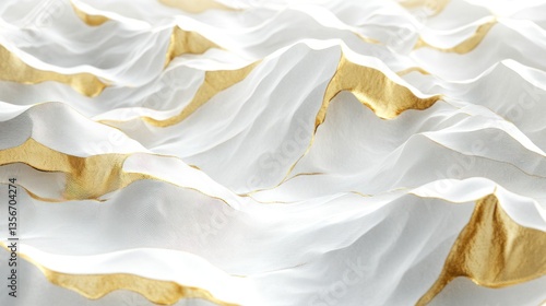 Abstract white and gold landscape, undulating textured surface, 3D render.