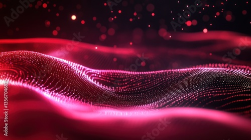 Abstract red wave of particles with bokeh lights.