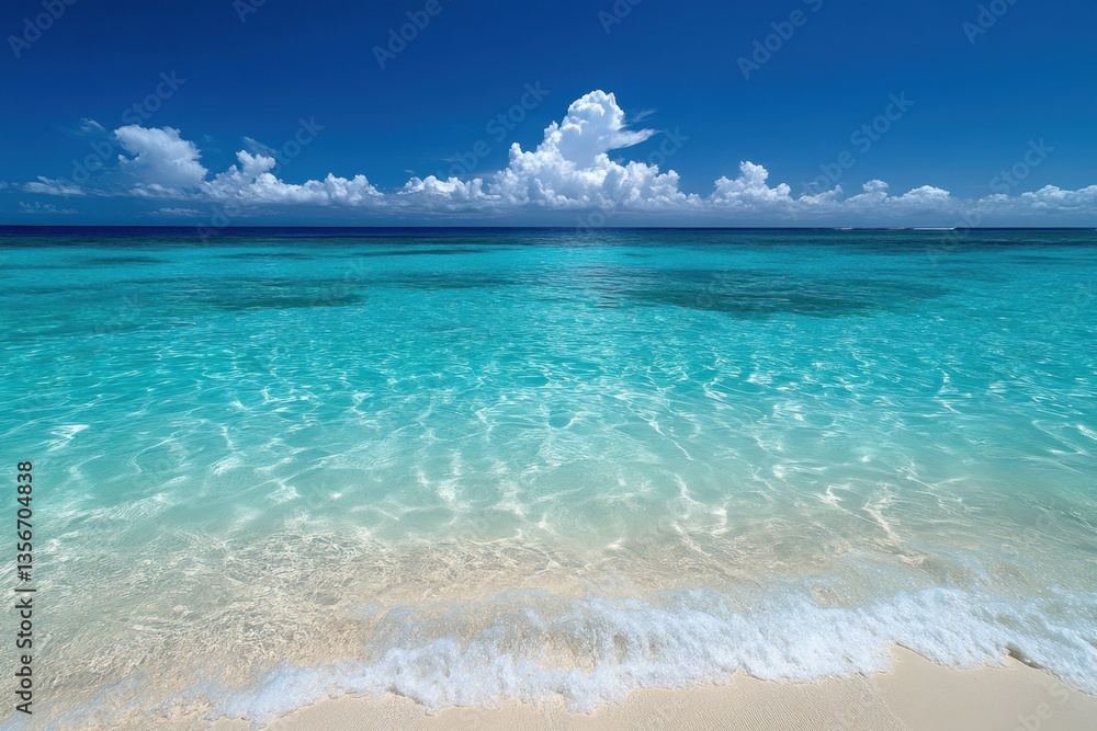 Serene tropical beach with turquoise water and white sand under a bright blue sky with fluffy clouds casting subtle shadows creating a peaceful and inviting scene Serene tropical beach with turquoise water and white sand under a bright blue sky with fluffy clouds casting subtle shadows creating a peaceful and inviting scene