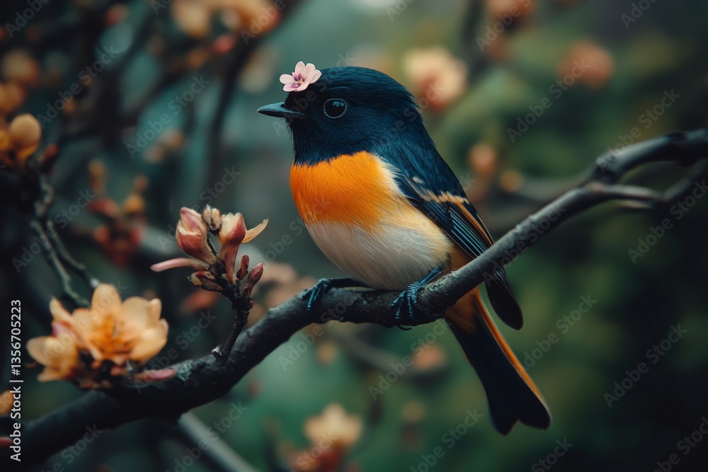 Fototapeta premium Bird perched on a branch adorned with flowers in a serene garden during springtime