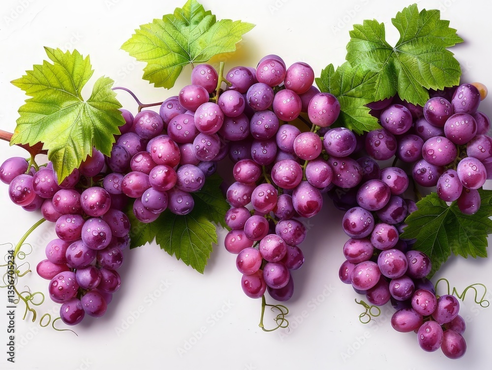 Fototapeta premium Beautifully Painted Bunch of Purple Grapes with Lush Green Leaves