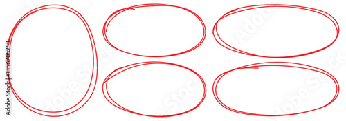Red circle, pen draw. Highlight hand drawing different circles isolated on background. Bright red scribble ovals and bubbles to circle and highlight text. Hand drawn marker stroke style for marking