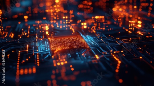 Glowing orange CPU on a dark circuit board.
